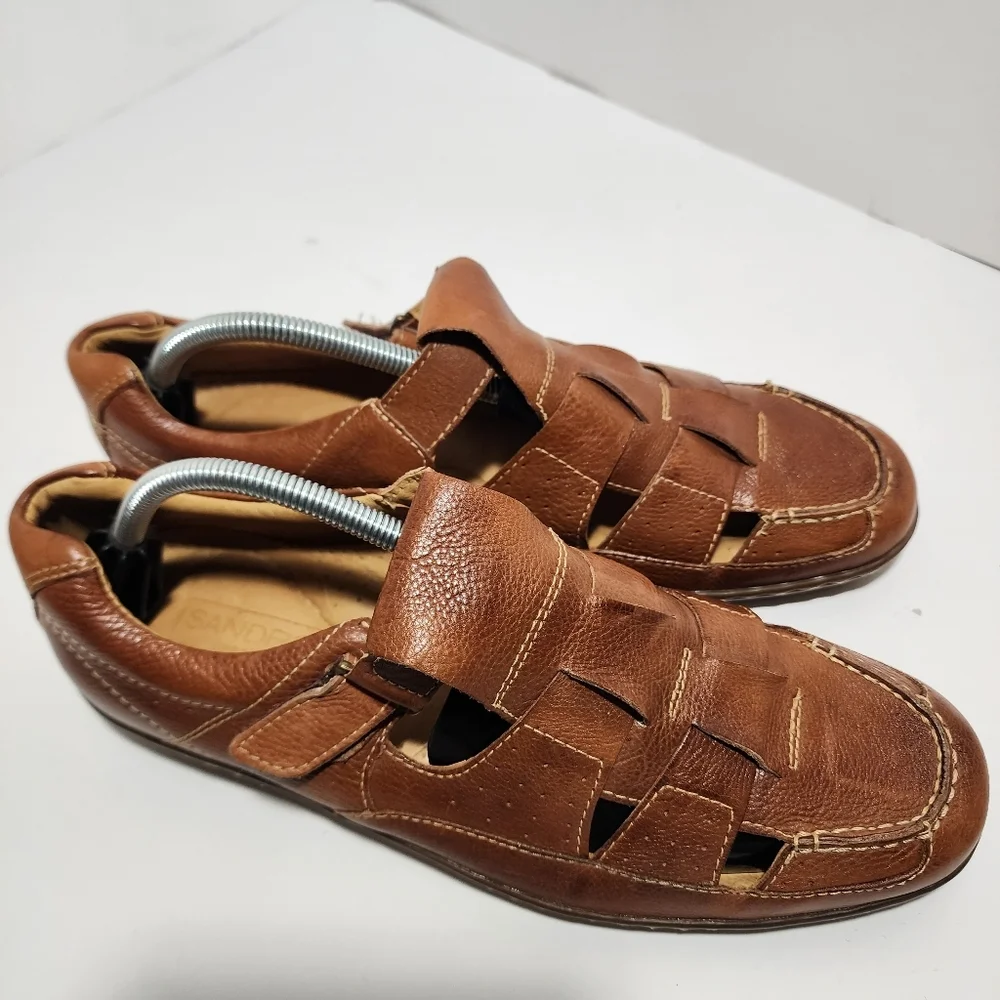 Sandro Mens Tan Leather Fisherman Sandals Size 9.5D Hook And Look Soft and Gel